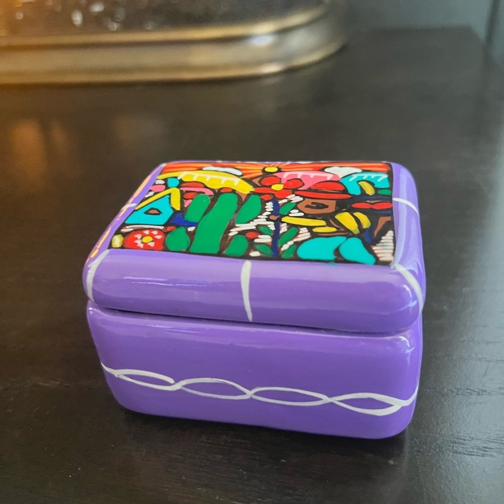 Hand-painted terra cotta clay pottery trinket storage container